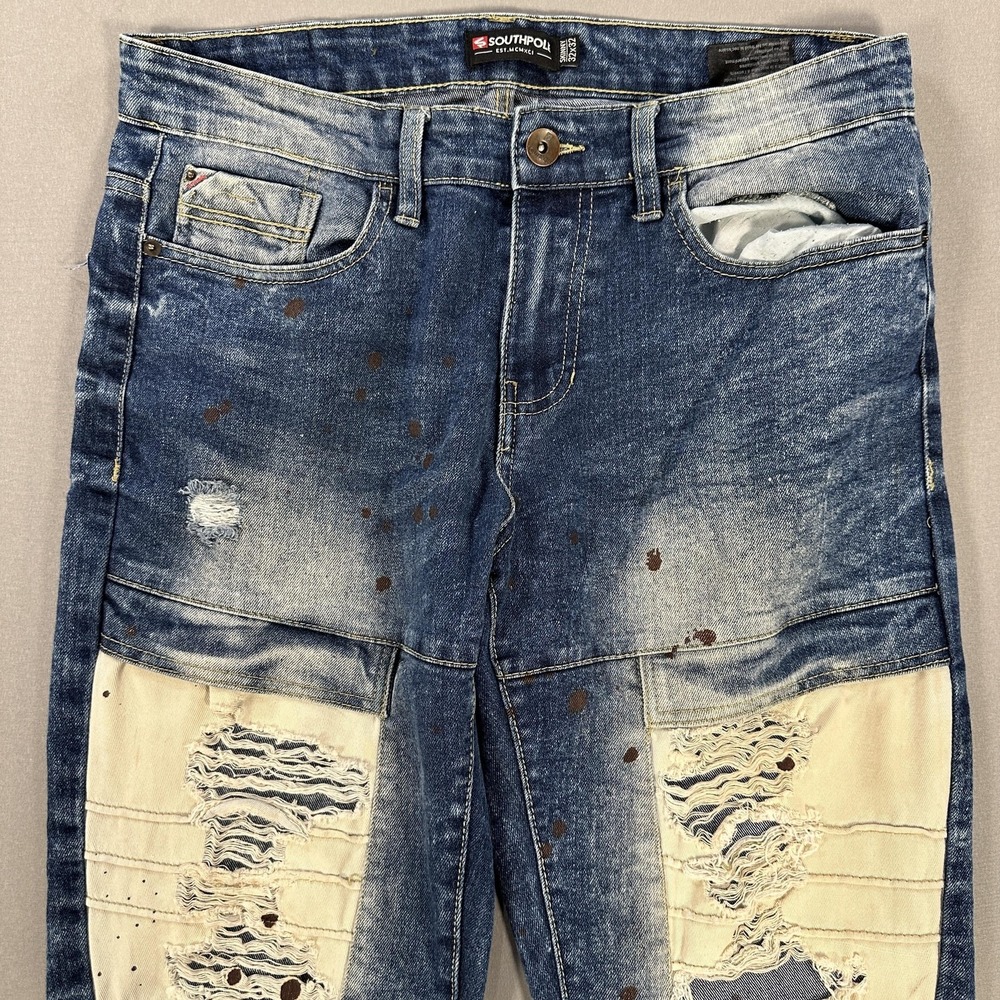 Southpole Jeans Mens 32x32 Medium Wash Blue Skinny Slim Distressed Ripped Knees - Picture 4 of 10